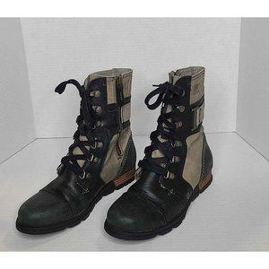 Sorel Major Carly Combat Ankle Black Leather Gray Canvas Lace-up Boots Womens 7